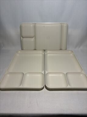 Set Of 3 Tupperware Divided Trays Almond Cafeteria Plates Discontinued 15x9”